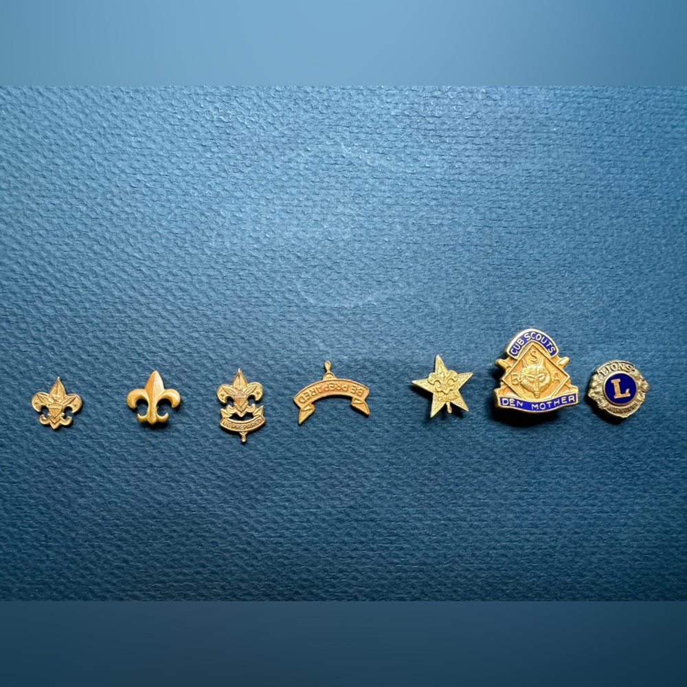 Vintage Scouts and Lions pins Gold and Blue Pin Set of 7 “Be Prepared “